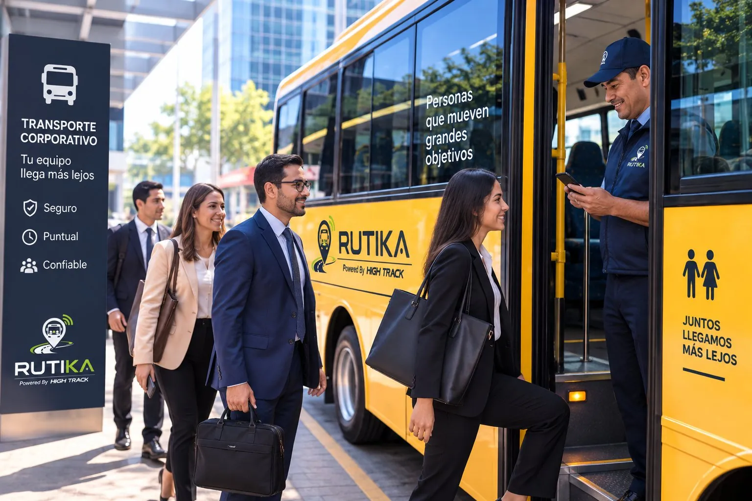 Ejecutivos abordando una unidad de transporte corporativo rastreada con Rutika