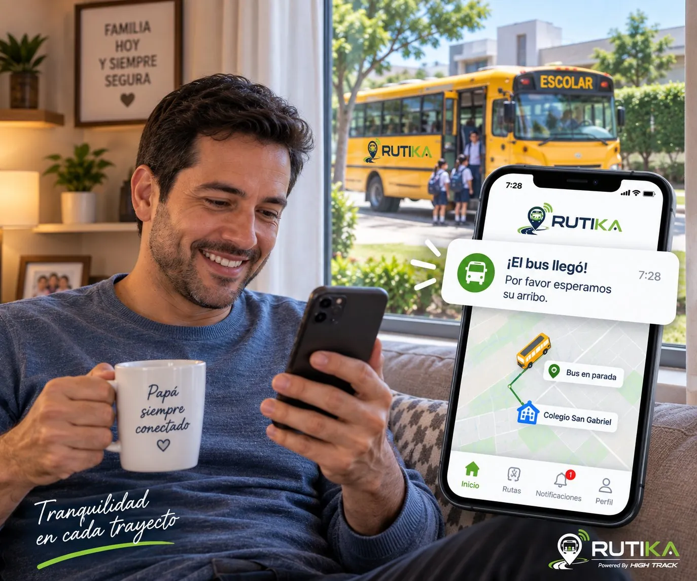 Padre recibiendo en el celular la notificación de llegada del bus escolar de Rutika